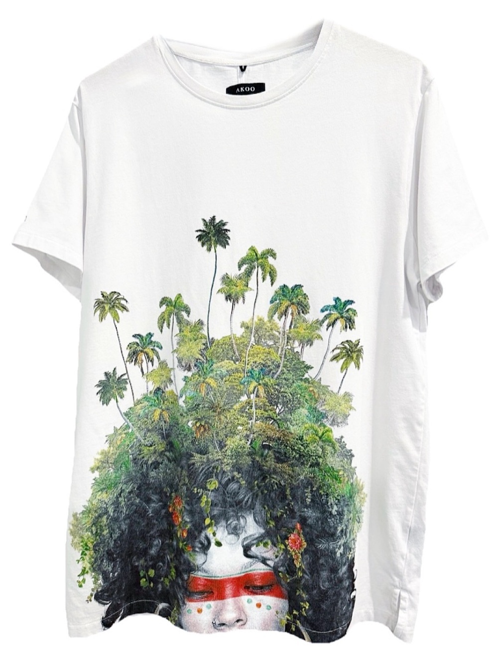AKOO White Graphic T-Shirt Large Tropical Tree Face Art Print Tee